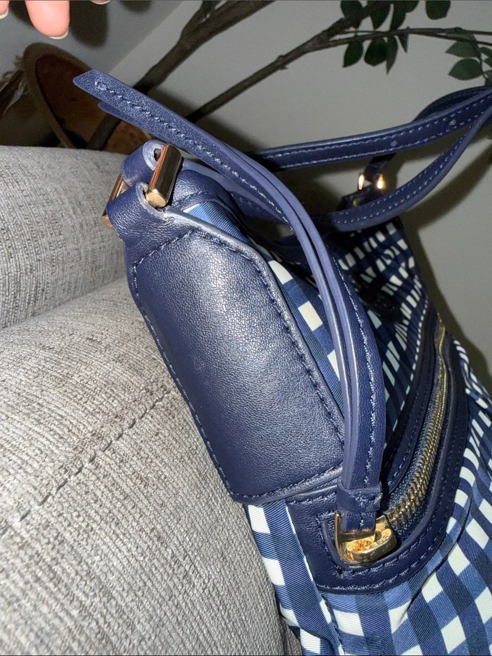 Tory Burch Navy and White Gingham Crossbody Bag